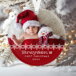 Personalised Photo Red White Babys First Christmas Ornament<br><div class="desc">Celebrate baby's first Christmas with this cute ornament,  featuring a row of white snowflakes and white text on a red background. Personalise it with baby's photo and name in a playful font.</div>