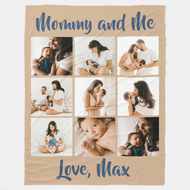 Personalised Photo Retro Beige Blue Mummy and Me Fleece Blanket (Front)