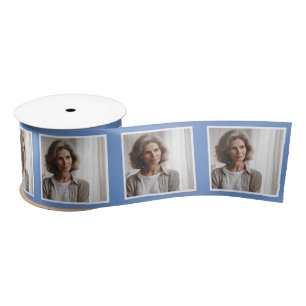 Personalised Photo Ribbon White Cornflower Blue Satin Ribbon