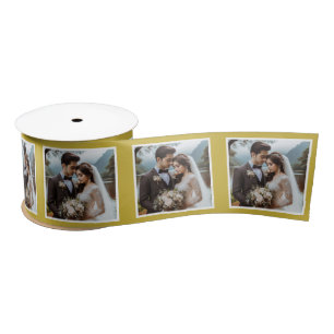 Personalised Photo Ribbon White Old Gold Wedding Satin Ribbon