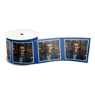 Personalised Photo Ribbon White on Dark Blue Satin Ribbon