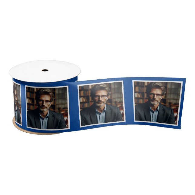 Personalised Photo Ribbon White on Dark Blue Satin Ribbon (Spool)