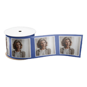 Personalised Photo Ribbon White on Medium Blue Satin Ribbon