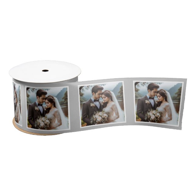 Personalised Photo Ribbon White Silver Wedding Satin Ribbon (Spool)