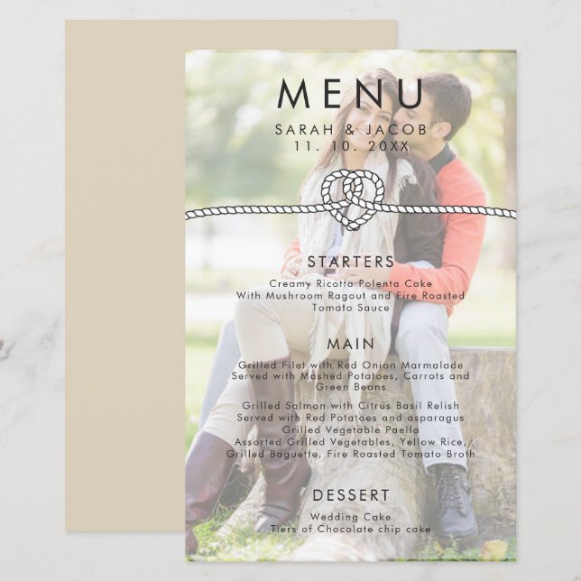 Personalised Photo Rope Heart Wedding Menu (Front/Back)