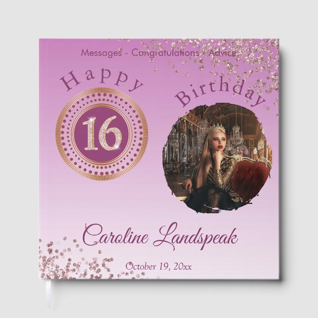 Personalised Photo Rose Gold Glitter 16th Birthday Guest Book (Front)