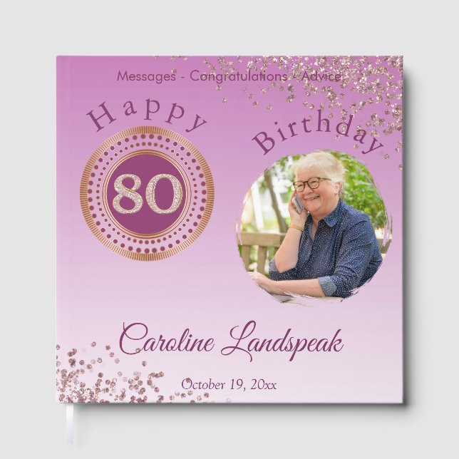 Personalised Photo Rose Gold Glitter 80th Birthday Guest Book (Front)