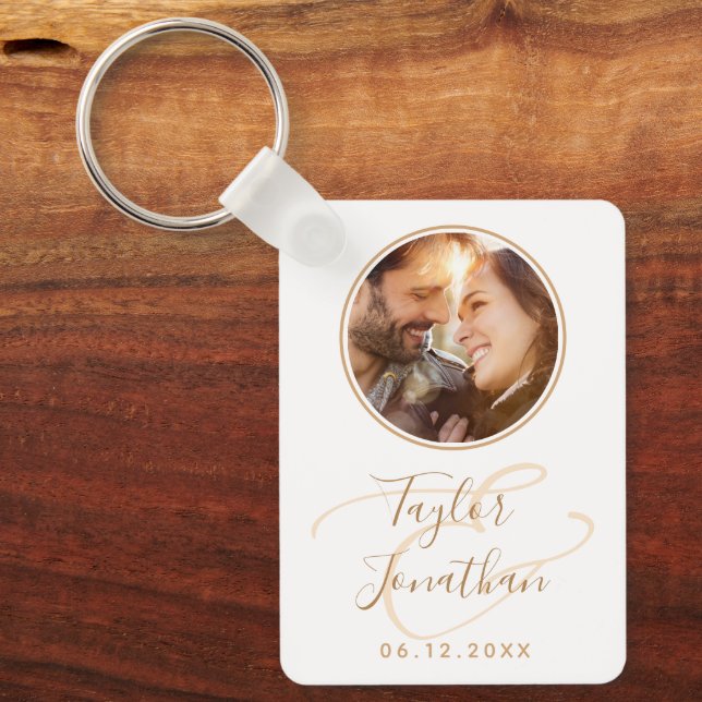 Personalised Photo Rose Gold Modern Chic Wedding Key Ring (Front)
