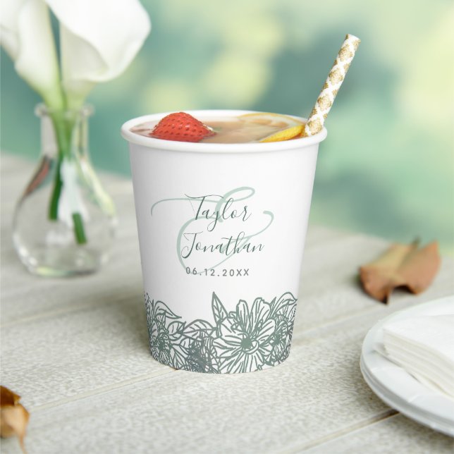 Personalised Photo Sage Green Flowers Nice Wedding Paper Cups (Insitu)