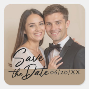 Personalised Photo Save The Date Script Square Sticker