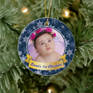 Personalised Photo Snowflake Navy Blue Ceramic Tree Decoration