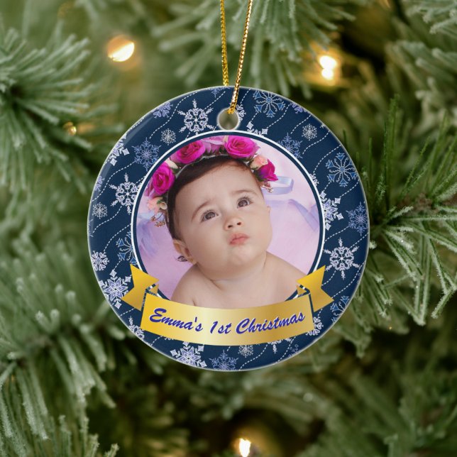 Personalised Photo Snowflake Navy Blue Ceramic Tree Decoration (Tree)
