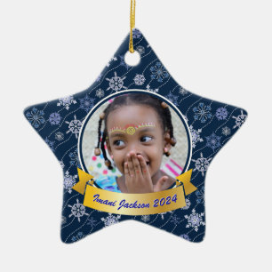 Personalised Photo Snowflake Navy Blue Star Shape Ceramic Tree Decoration