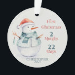 Personalised Photo Snowman Baby's First Christmas Ornament<br><div class="desc">Wonderful Baby's First Christmas milestone memory keepsake to celebrate the holidays! Festive winter snowman done in watercolor graphic art.  Customised with months and days of babies first Christmas celebration. Monogrammed with babies name and year of birth. Add a favourite photo of your baby to create a customised design.</div>