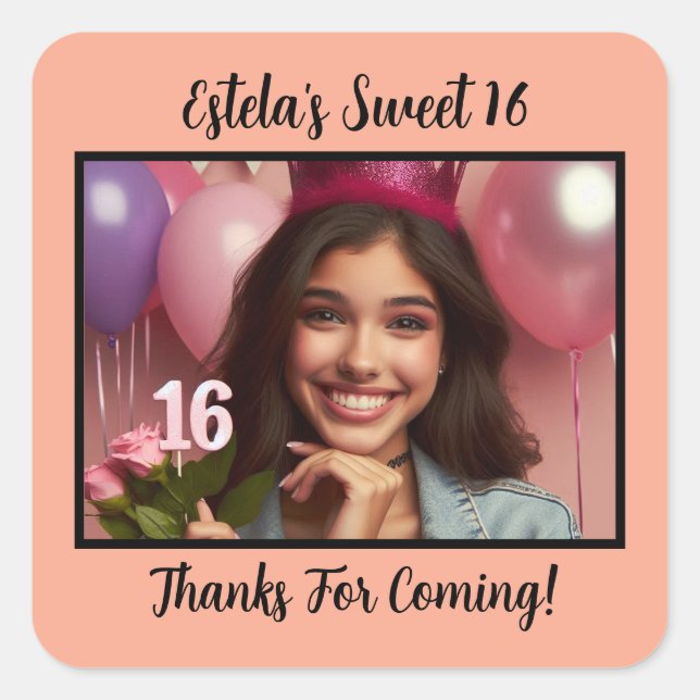 Personalised Photo Sweet 16th Birthday Thank You Square Sticker (Front)