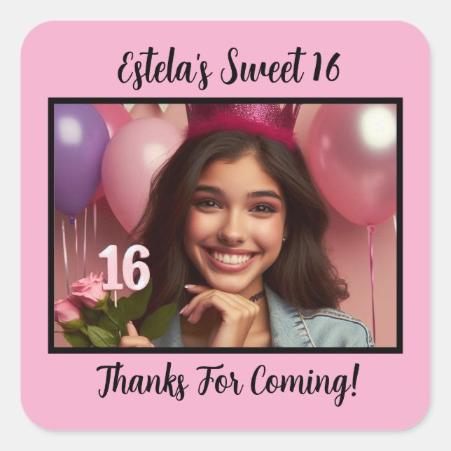 Personalised Photo Sweet 16th Birthday Thank You Square Sticker (Front)