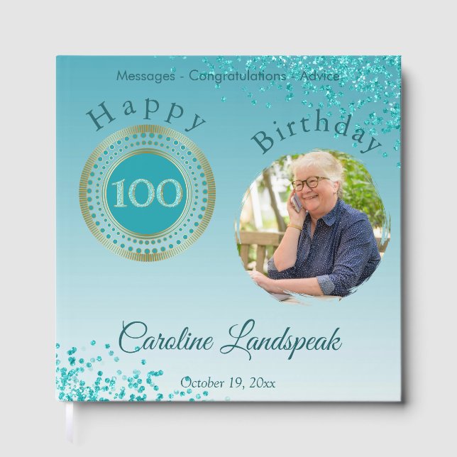 Personalised Photo Teal Blue Glitter 100 Birthday Guest Book (Front)