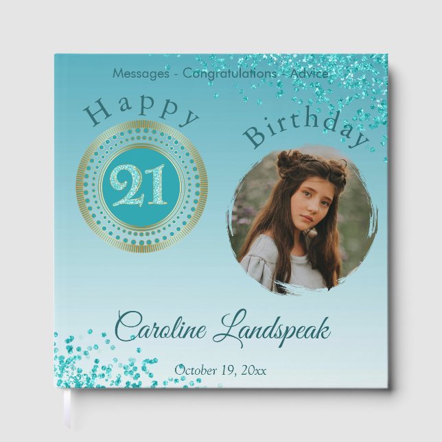 Personalised Photo Teal Blue Glitter 21st Birthday Guest Book (Front)