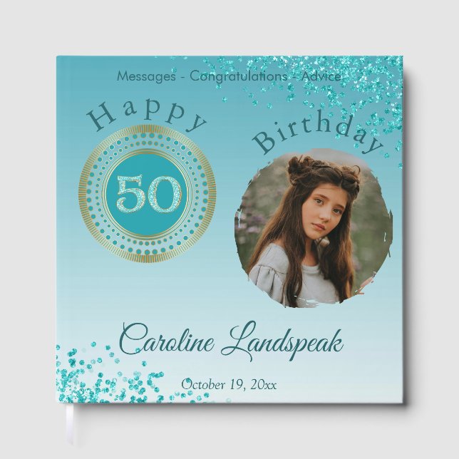 Personalised Photo Teal Blue Glitter 50th Birthday Guest Book (Front)