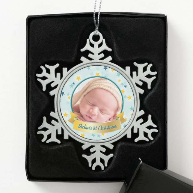 Personalised Photo Teal Celestial Snowflake Snowflake Pewter Christmas Ornament (Box)