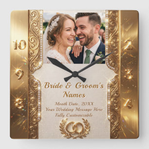 Personalised photo text Luxury Wedding Gift gold Square Wall Clock