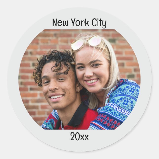 Personalised Photo Two Lines Custom Text  Classic Round Sticker (Front)