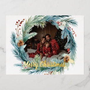 Personalised Photo Watercolor Christmas Wreath Foil Holiday Postcard