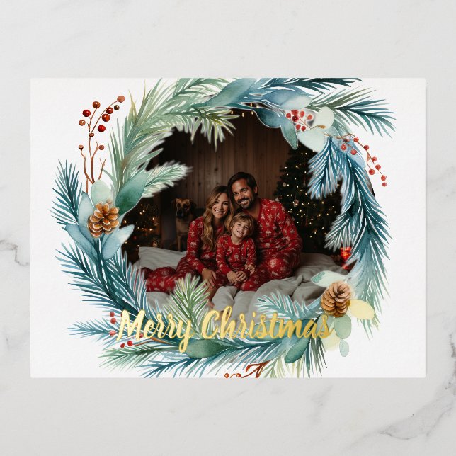 Personalised Photo Watercolor Christmas Wreath Foil Holiday Postcard (Front)
