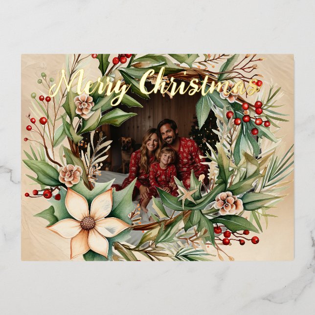 Personalised Photo Watercolor Christmas Wreath Foil Holiday Postcard (Front)