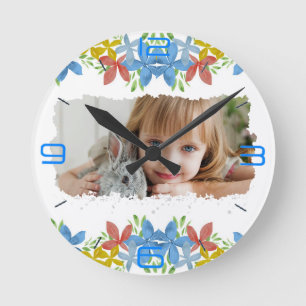 Personalised Photo Watercolor Floral Round Clock