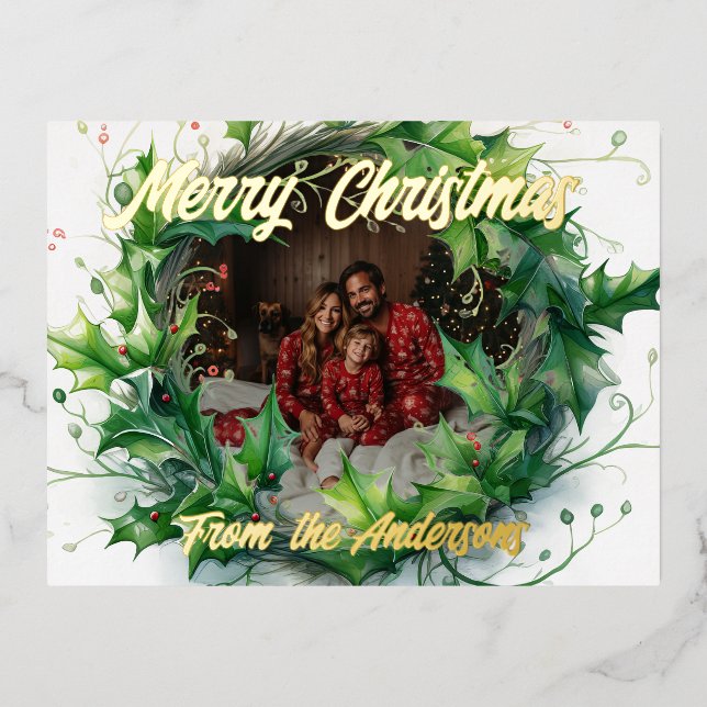 Personalised Photo Watercolor Holly Wreath Foil Holiday Postcard (Front)