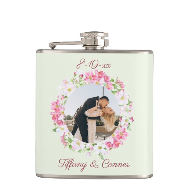 Personalised Photo Wedding Date Bride Groom Custom Hip Flask (Front)