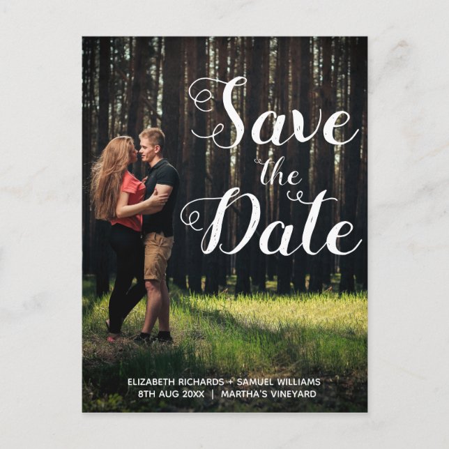 Personalised Photo White Script Overlay Wedding Postcard (Front)