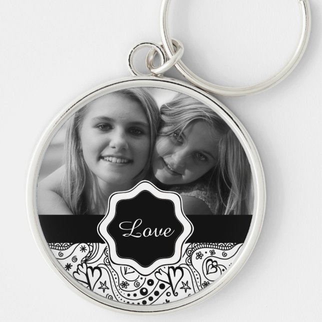 Personalised Photo with Hearts Love Doodle Pattern Key Ring (Front)