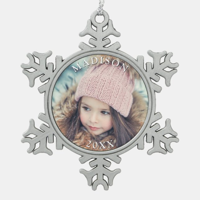 Personalised Photo with Name Christmas Holiday Snowflake Pewter Christmas Ornament (Front)