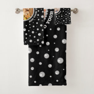 Personalised Photo with Pearls Circle on Black Bath Towel Set