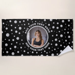 Personalised Photo with Pearls Circle on Black Beach Towel