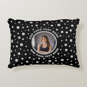 Personalised Photo with Pearls Circle on Black Decorative Cushion