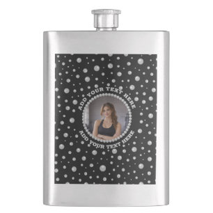 Personalised Photo with Pearls Circle on Black Hip Flask