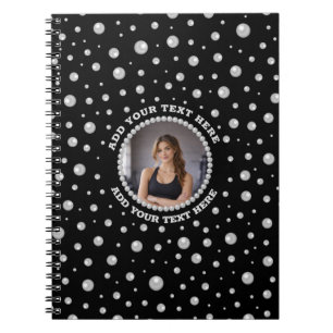 Personalised Photo with Pearls Circle on Black Notebook