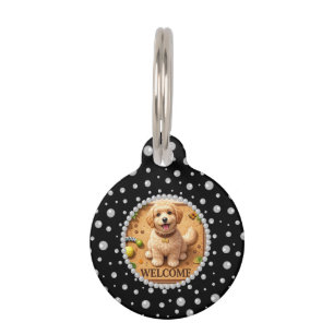 Personalised Photo with Pearls Circle on Black Pet Tag