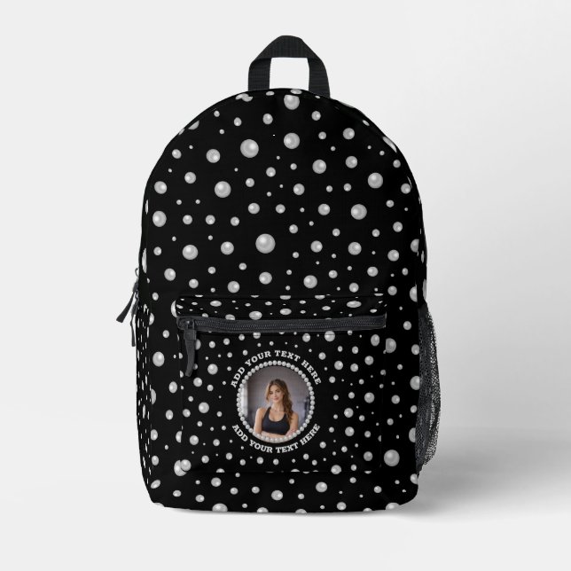 Personalised Photo with Pearls Circle on Black Printed Backpack (Front)
