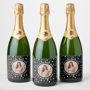 Personalised Photo with Pearls Circle on Black Sparkling Wine Label