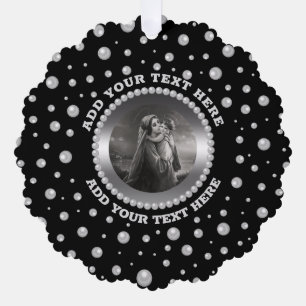 Personalised Photo with Pearls Circle on Black Tree Decoration Card