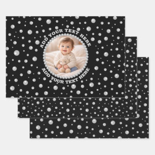 Personalised Photo with Pearls Circle on Black Wrapping Paper Sheet