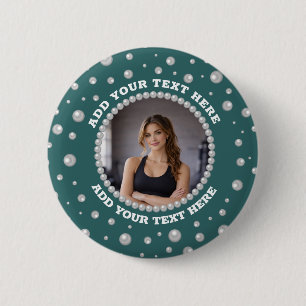 Personalised Photo with Pearls Circle on Teal 6 Cm Round Badge