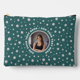 Personalised Photo with Pearls Circle on Teal Accessory Pouch