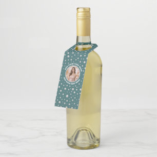 Personalised Photo with Pearls Circle on Teal Bottle Tag