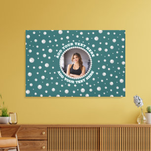 Personalised Photo with Pearls Circle on Teal Canvas Print