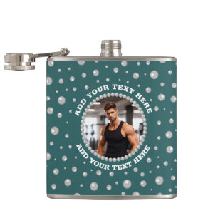 Personalised Photo with Pearls Circle on Teal Hip Flask